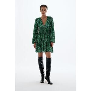 Zara Size Large Dress Pleated Kelly Green Floral Ruffled Mini Party Cocktail